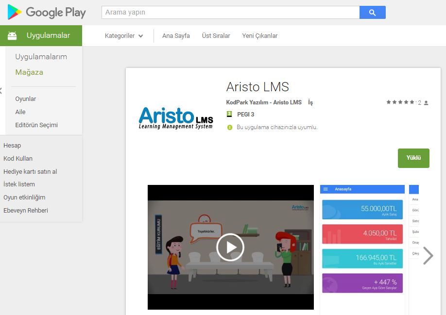 Aristo LMS Mobil Uygulaması Google Play Store